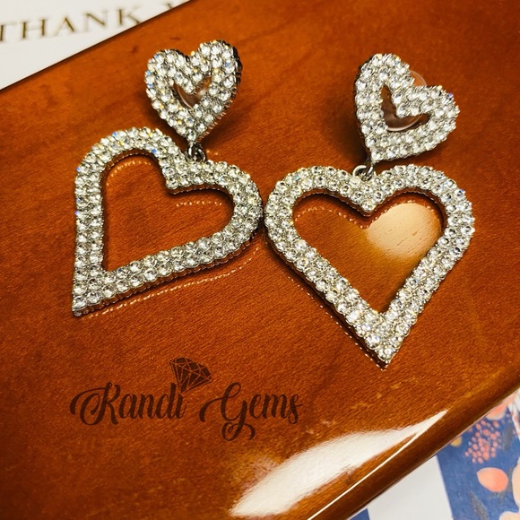 Gold / Silver Double Heart Rhinestone Earrings - Picture 5 of 8